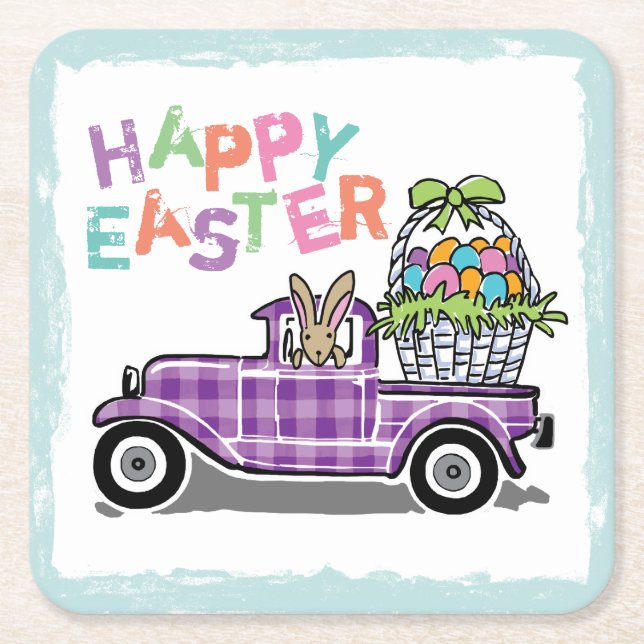 Vintager LKW-lila Gingham-glücklicher Osterhase Rechteckiger Pappuntersetzer (Vorderseite)