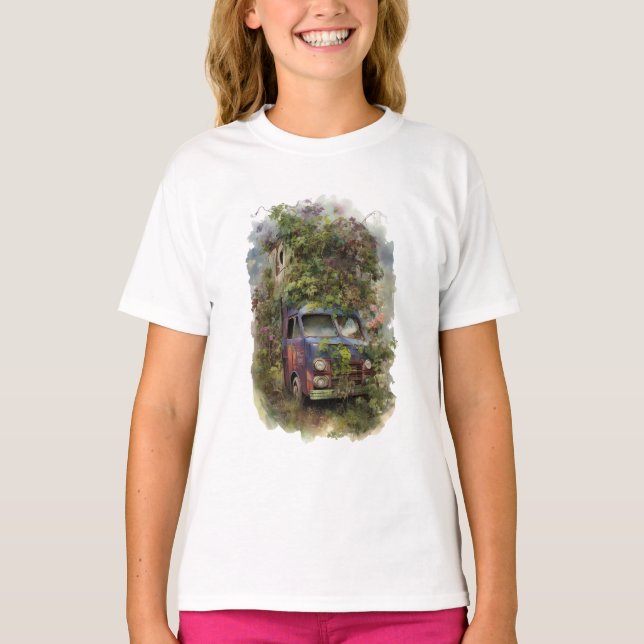 Vintager LKW mit Blume T-Shirt (Vorderseite)