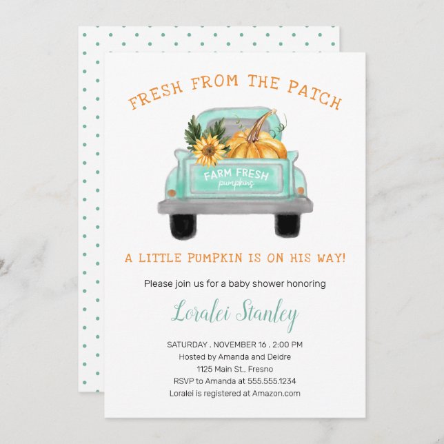 Vintager LKW mit Pumpkin Fall Babydusche Einladung (Vorne/Hinten)