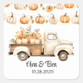 Vintager LKW mit Pumpkins Hochzeit Quadratischer Aufkleber