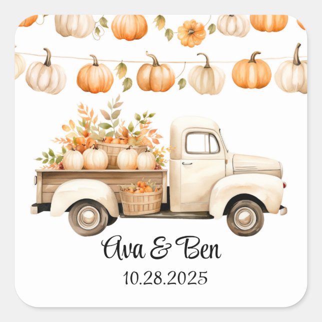 Vintager LKW mit Pumpkins Hochzeit Quadratischer Aufkleber (Vorderseite)