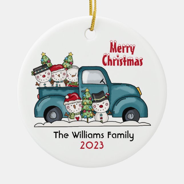 Vintager LKW mit Schneehochfamilie Keramik Ornament (Vorne)