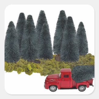 Vintager LKW mit Weihnachtsbaum Quadratischer Aufkleber