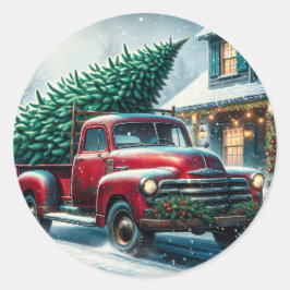 Vintager LKW mit Weihnachtsbaum Runder Aufkleber