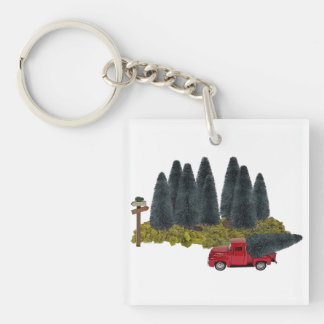 Vintager LKW mit Weihnachtsbaum Schlüsselanhänger
