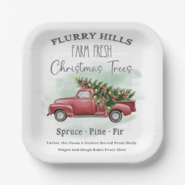 Vintager LKW mit Weihnachtsbaumfarm Frisch Pappteller