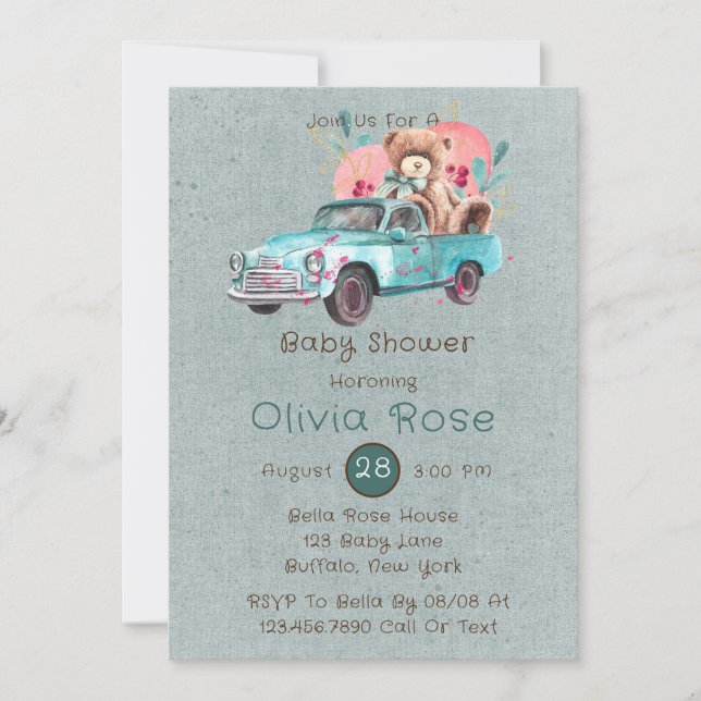 Vintager LKW Teddy Bear Babydusche Einladung (Vorderseite)