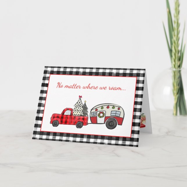 Vintager Lkw und Campingplatz - Rot und Schwarz -  Karte (Vorderseite)