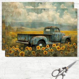 Vintager Lkw und Sonnenblumenfeld - Dekoupage Seidenpapier