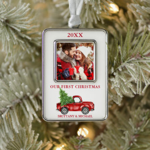 Vintager Lkw Unser erstes Weihnachtskuchen Foto Ro Rahmen-Ornament Silber