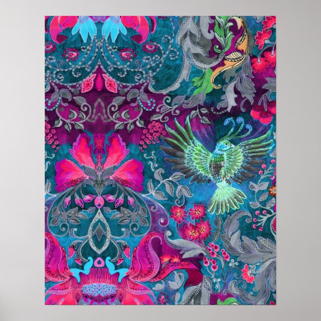 Vintager luxuriöser Blumengarten Blauvogel Lux Mus Poster (Vorne)