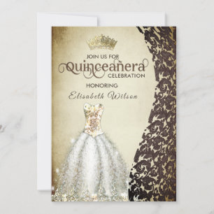 Vintager Luxusdamask gold tiara Quinceañera Inv Einladung