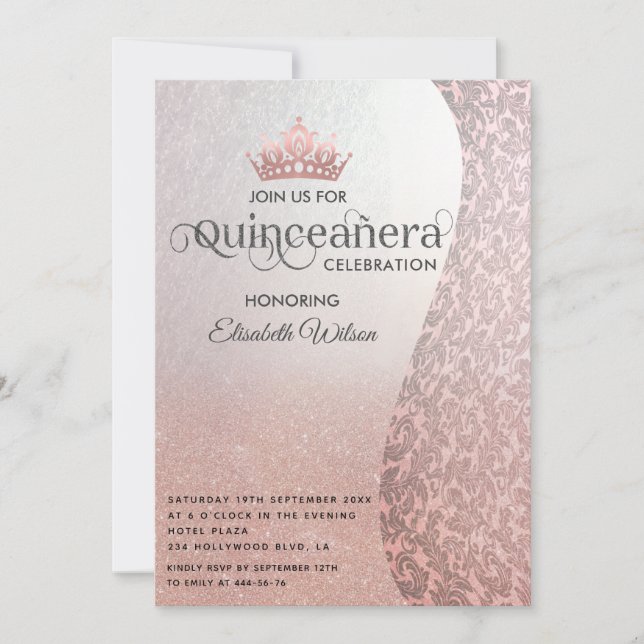 Vintager Luxusdamast Tiara Quinceañera Einladung (Vorderseite)
