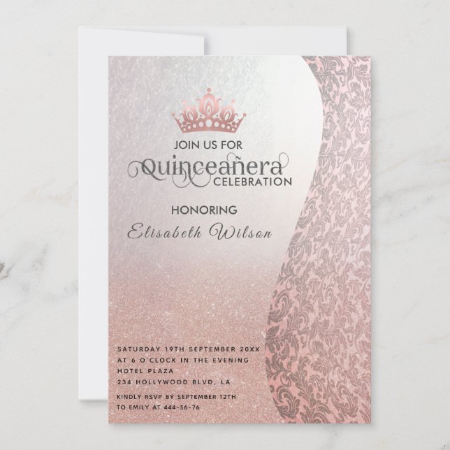 Vintager Luxusdamast Tiara Quinceañera Einladung (Vorderseite)