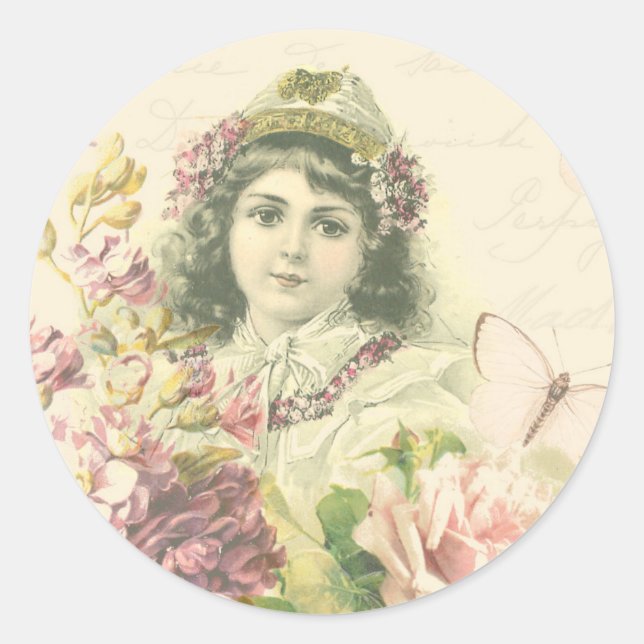 Vintager Mädchenkopf mit schönen Blume Runder Aufkleber (Vorderseite)