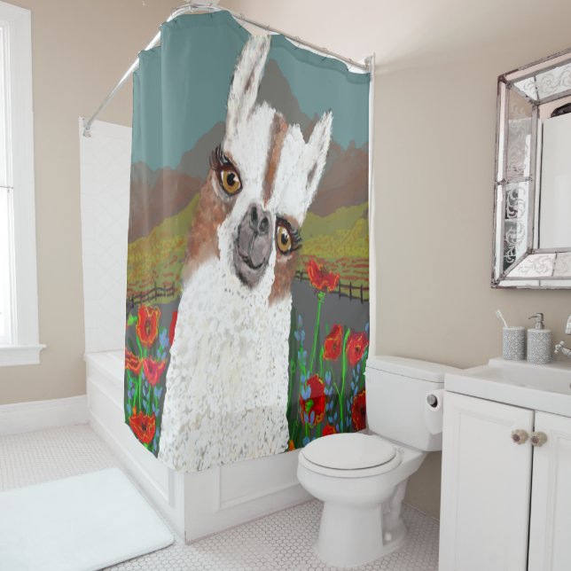Vintager Mama Llama in einem Mohnfeld Duschvorhang (Beispiel)