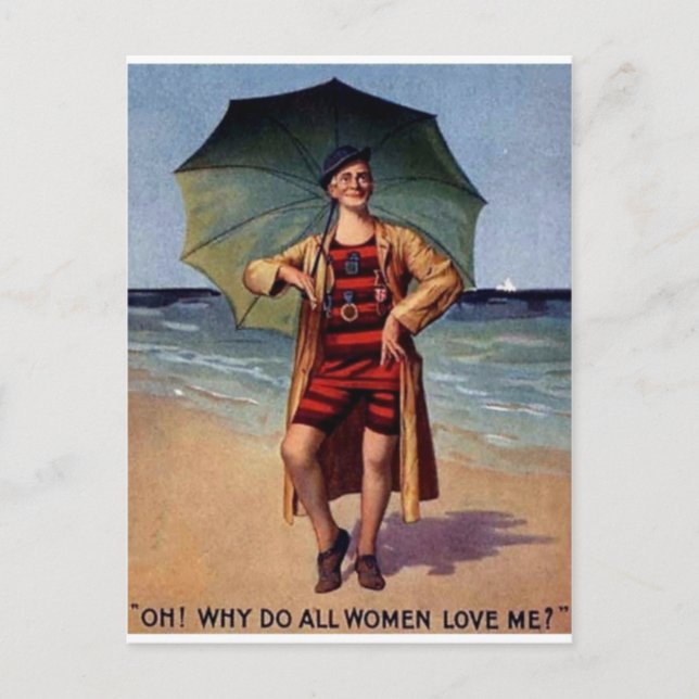 Vintager Mann Meeresbadewanne Anzug Regenschirmpos Postkarte (Vorderseite)