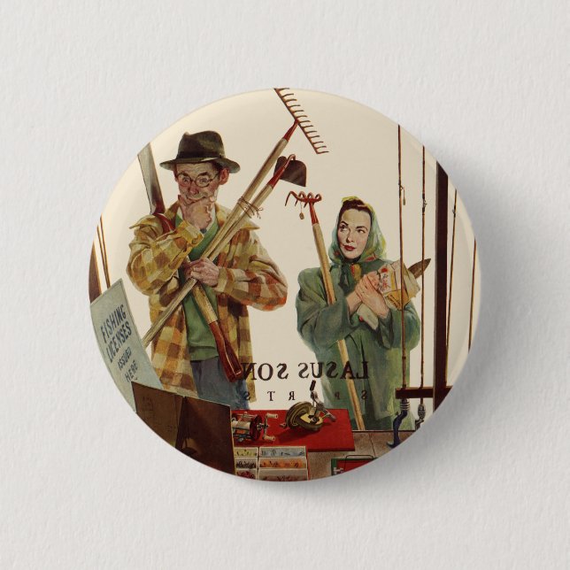 Vintager Mann und Ehefrau mit Gartenwerkzeugen Button (Vorderseite)