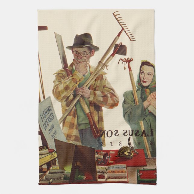 Vintager Mann und Ehefrau mit Gartenwerkzeugen Geschirrtuch (Vertikal)