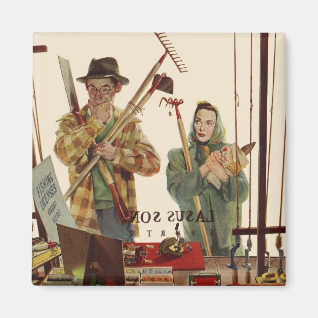 Vintager Mann und Ehefrau mit Gartenwerkzeugen Magnet (Vorne)