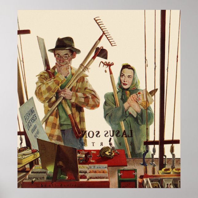 Vintager Mann und Ehefrau mit Gartenwerkzeugen Poster (Vorne)