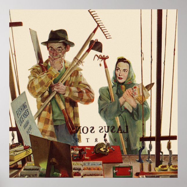 Vintager Mann und Ehefrau mit Gartenwerkzeugen Poster (Vorne)