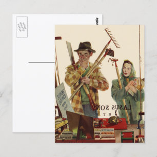 Vintager Mann und Ehefrau mit Gartenwerkzeugen Postkarte