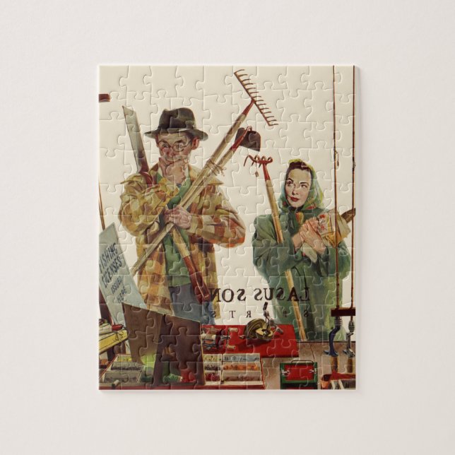 Vintager Mann und Ehefrau mit Gartenwerkzeugen Puzzle (Vertikal)