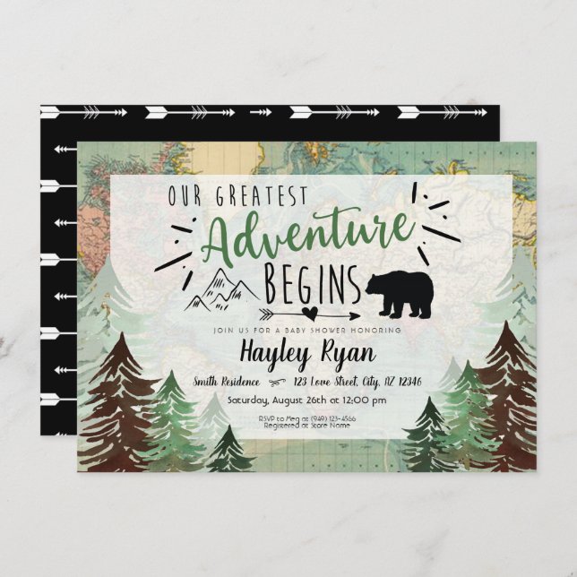 Vintager Map Baby Boy Unser Bestes Abenteuer Einladung (Vorne/Hinten)