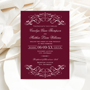 Vintager Maroon und Silver Blüh Hochzeit Einladung