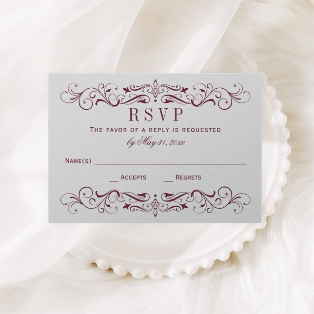 Vintager Maroon und Silver Blüh Hochzeit RSVP Karte (Von Creator hochgeladen)