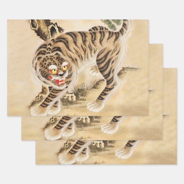Vintager Minhwa Tiger unter Kiefernwald Geschenkpapier Set (Set)
