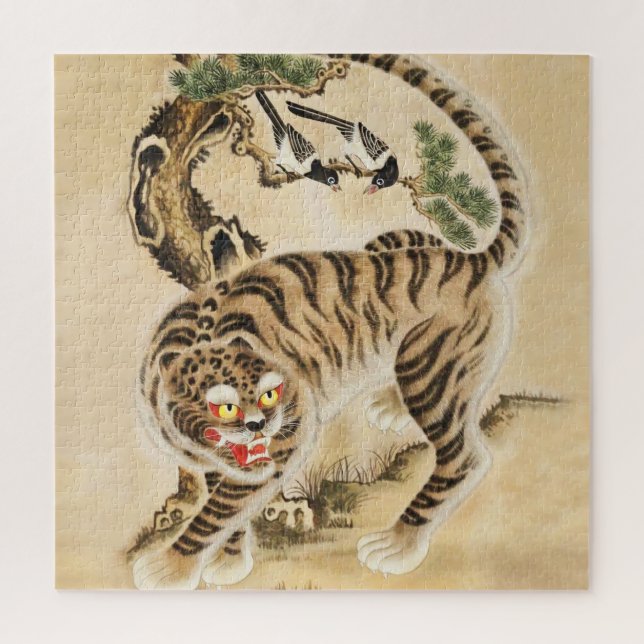 Vintager Minhwa Tiger unter Kiefernwald Puzzle (Vertikal)