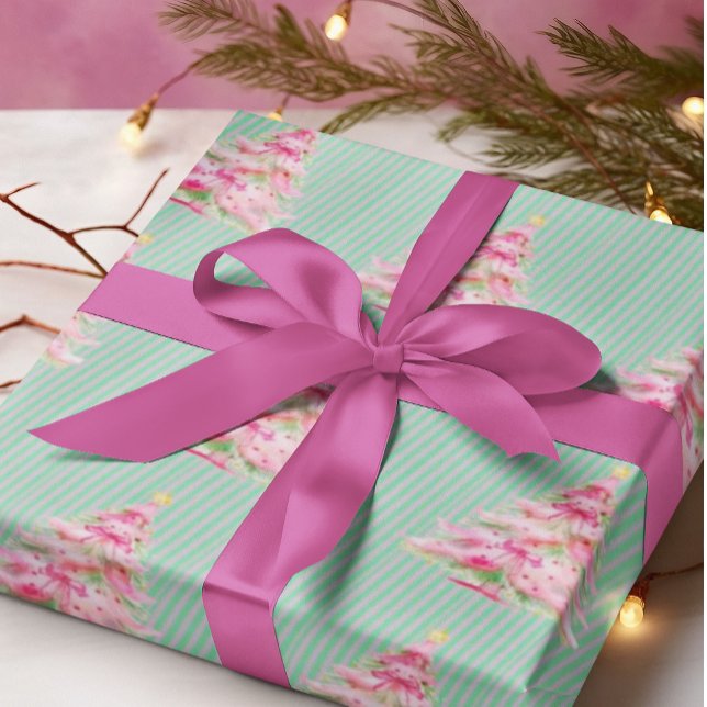 Vintager Mint Green Pink Streifen Weihnachtsbaum Geschenkpapier (Von Creator hochgeladen)