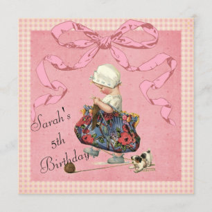 Vintager Mode-Mädchen-Rosa-Band-Geburtstag lädt Einladung