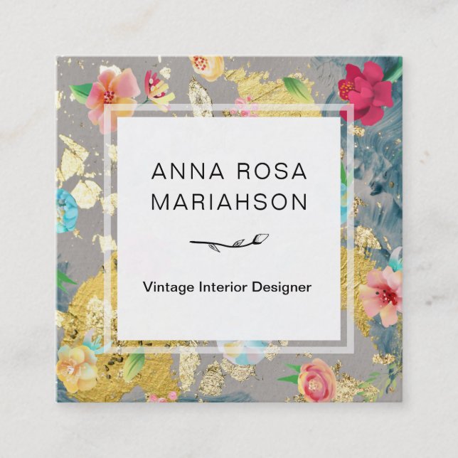 *~* Vintager moderner Blumenmuster-GoldGlitzer Quadratische Visitenkarte (Vorderseite)