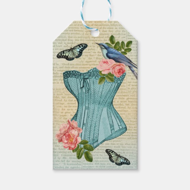 Vintager Modevogel, Blume und Schmetterling Geschenkanhänger (Vorderseite)