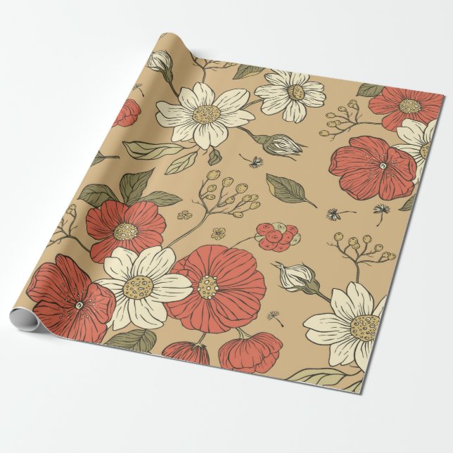 Vintager Mohn und daisy Blume nahtloser Gartenkrug Geschenkpapier (Ungerollt)