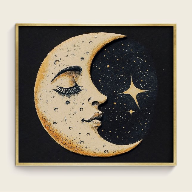 Vintager Mond - Schlafmond - Dunkelblau Poster (Moon and Star Print)
