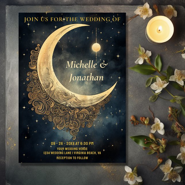 Vintager Mond, Sonne und Sterne Einladung (Front - Vintage Moon, Sun and Stars Celestial Wedding Invitation)