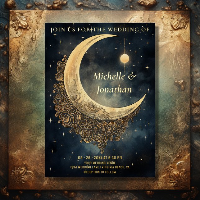 Vintager Mond, Sonne und Sterne Folieneinladung (Front - Vintage Moon, Sun and Stars Celestial Wedding Foil Invitation)