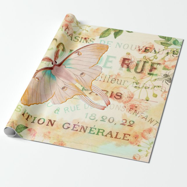 Vintager Mondmond und Rose Ephemera Geschenkpapier (Ungerollt)