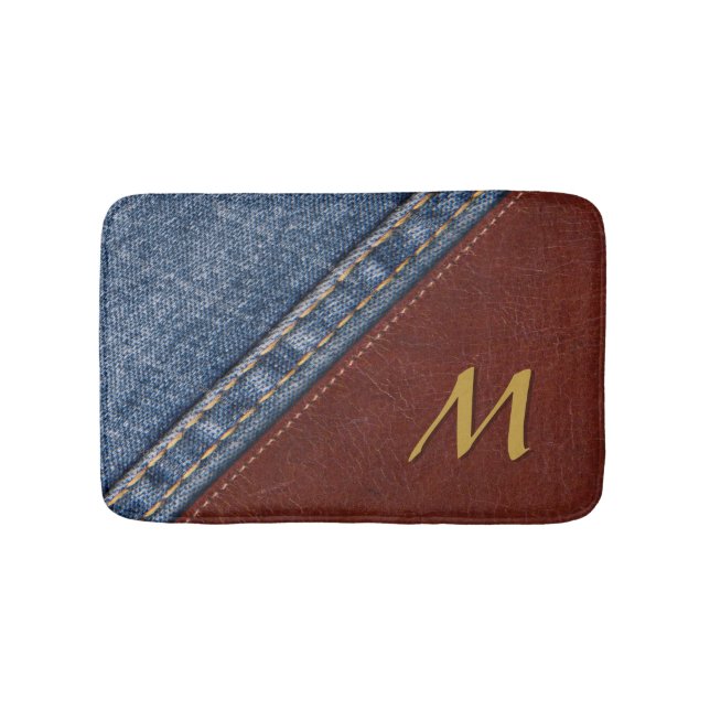 Vintager Monogramm-Denim und Leder Badematte (Vorderseite)