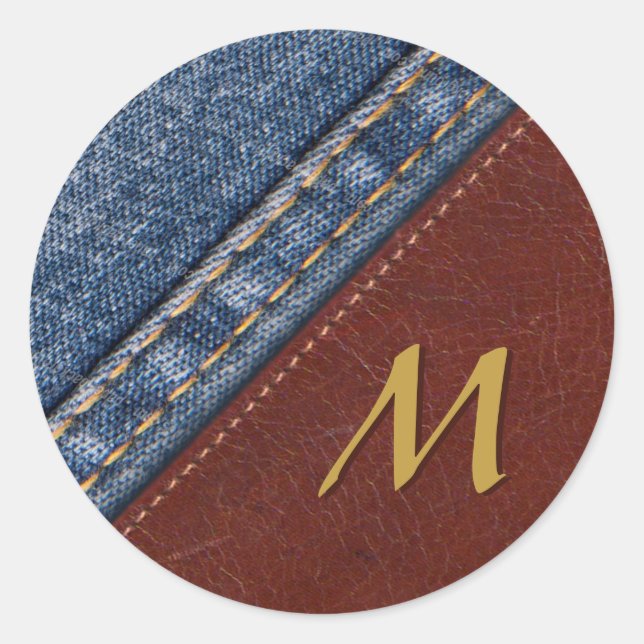 Vintager Monogramm-Denim und Leder Runder Aufkleber (Vorderseite)