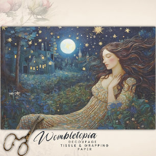 Vintager Moonlit Garden Lady Art Nouveau Decoupage Seidenpapier