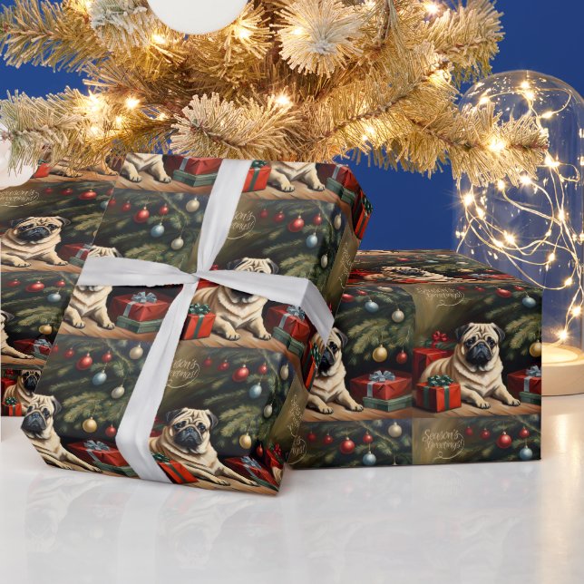 Vintager Mops Welpe am Weihnachtsbaum Geschenkpapier (Feiertage)