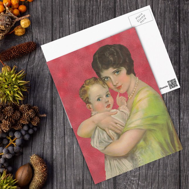Vintager Muttertag der 30er Jahre Postkarte (1930's era elegant mother holding sweet baby on red star bursts postcard.)