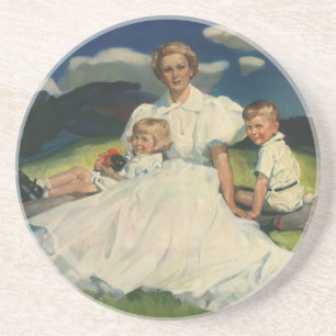 Vintager Muttertag, Mama mit Kindern Sandstein Untersetzer
