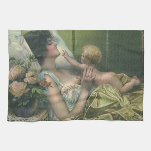 Vintager Muttertag, Viktorianische Mama mit Baby Geschirrtuch (Horizontal)