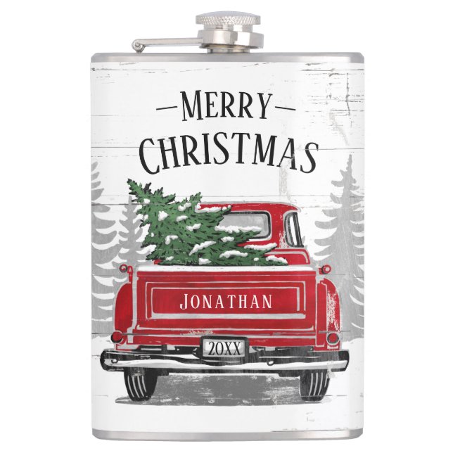Vintager Name des Weihnachtsbaums des Rotlastwagen Flachmann (Vorderseite)
